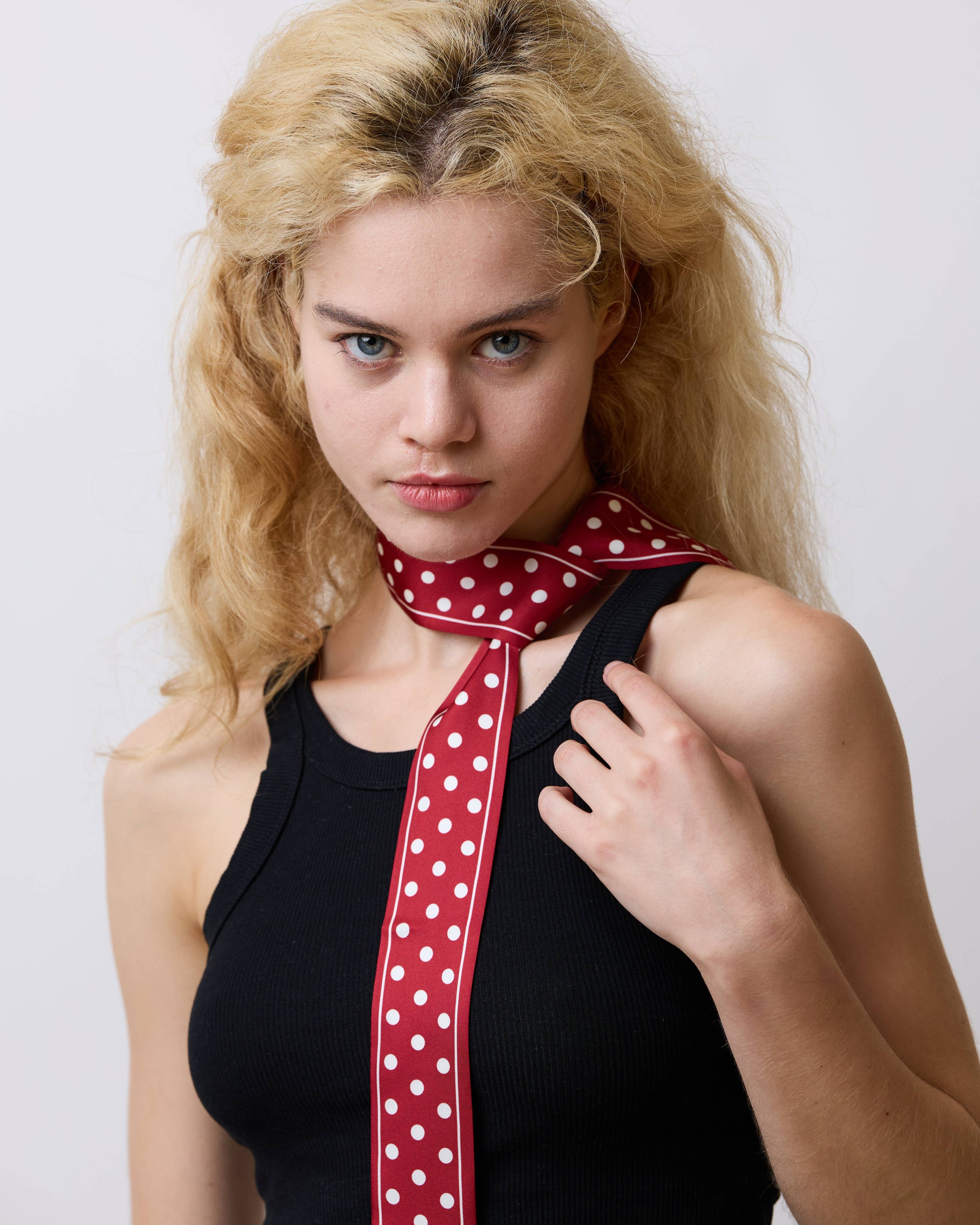 "Retro Polka" Silk Skinny Scarf - Burgundy: Burgundy