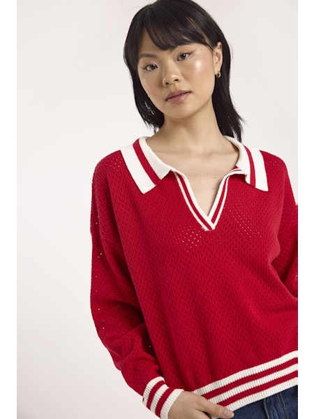 Vanessa Stripe Detail Polo Sweater in Tomato