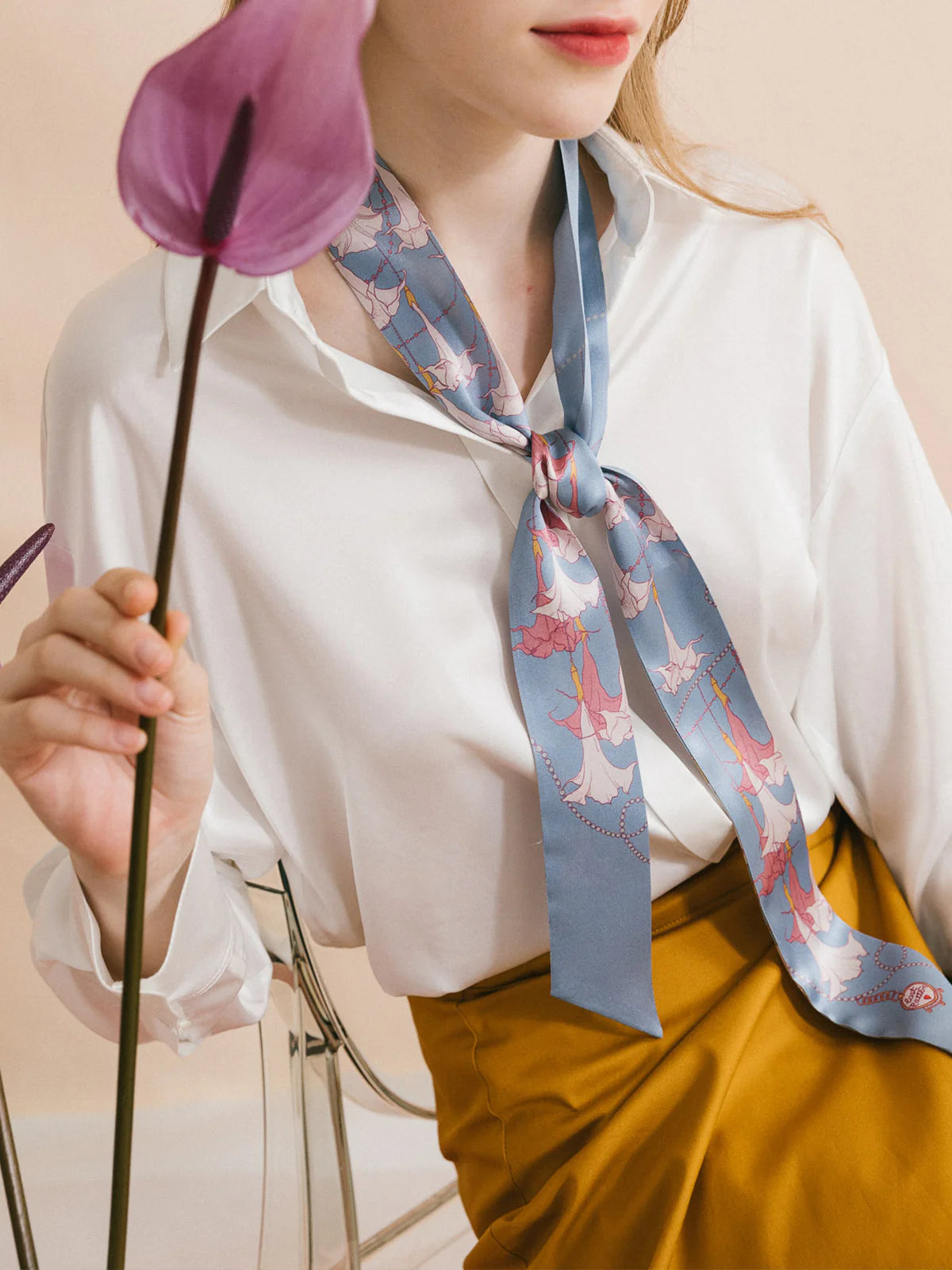 Datura Silk Skinny Scarf in Slate Blue