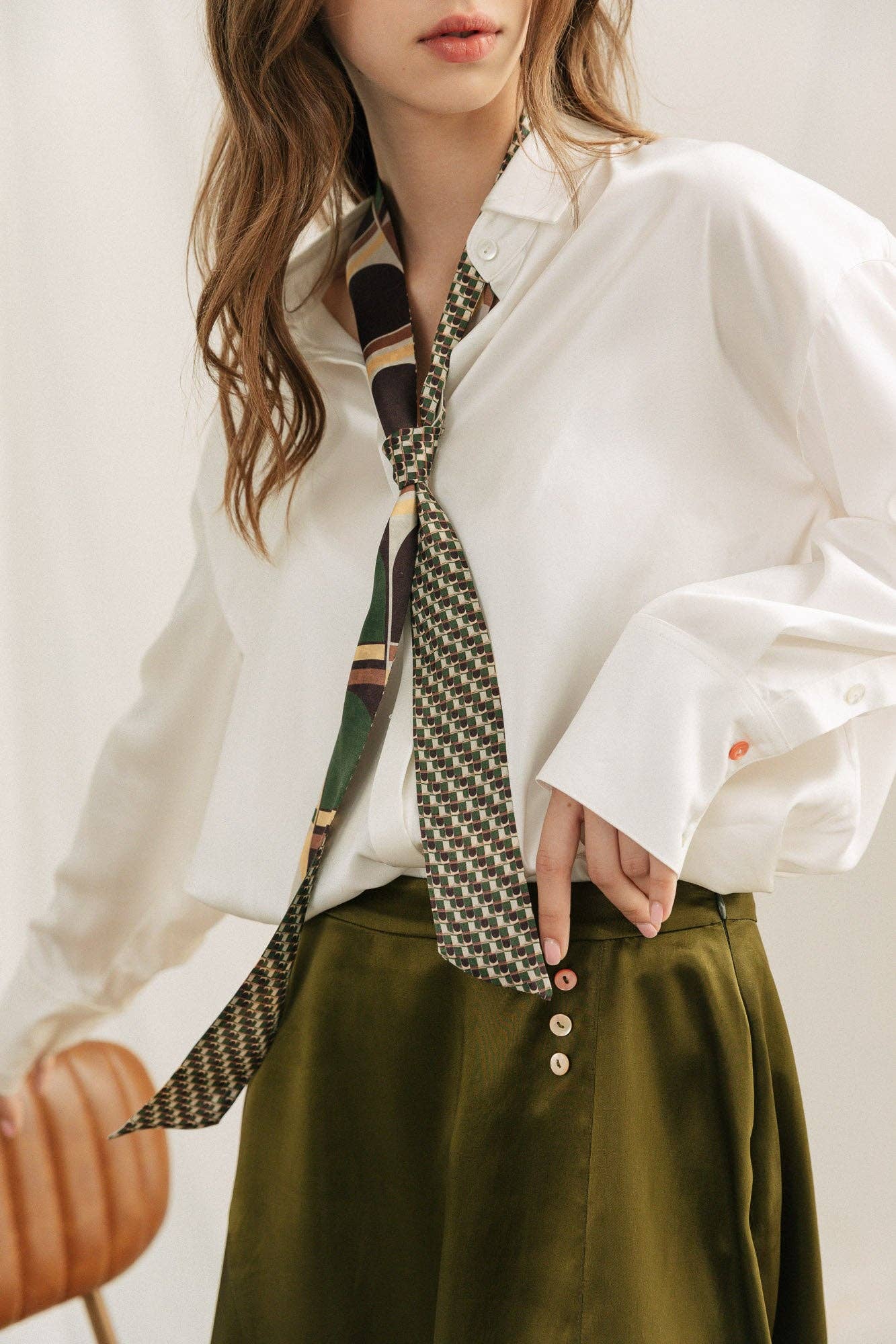 "Modular" Silk Skinny Scarf - Green: Green / 140cm*5cm