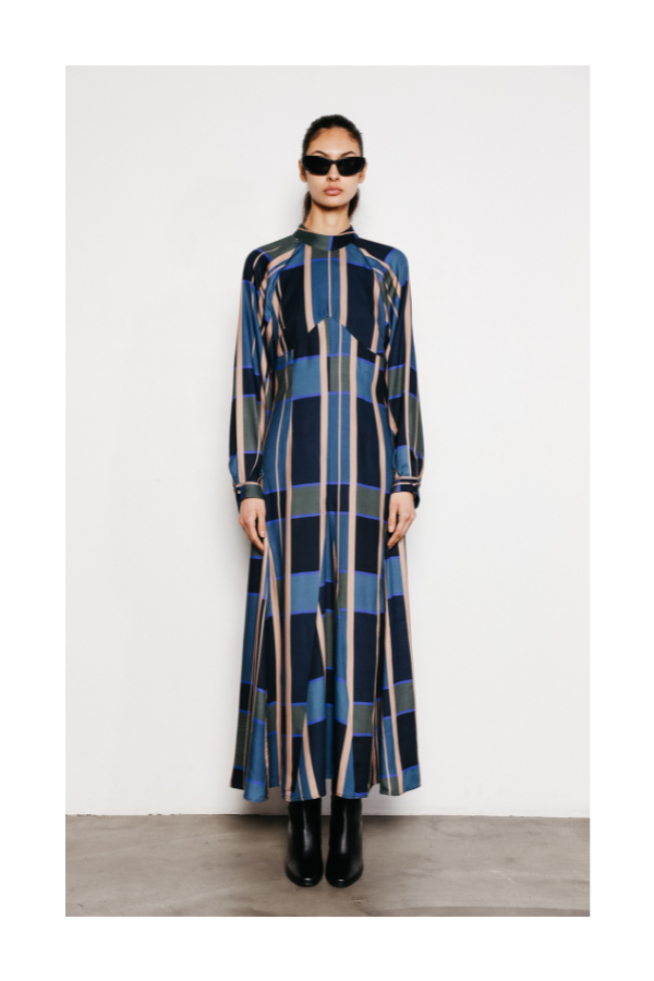 Clara Gore Midi Dress in Mixed Blue Geo