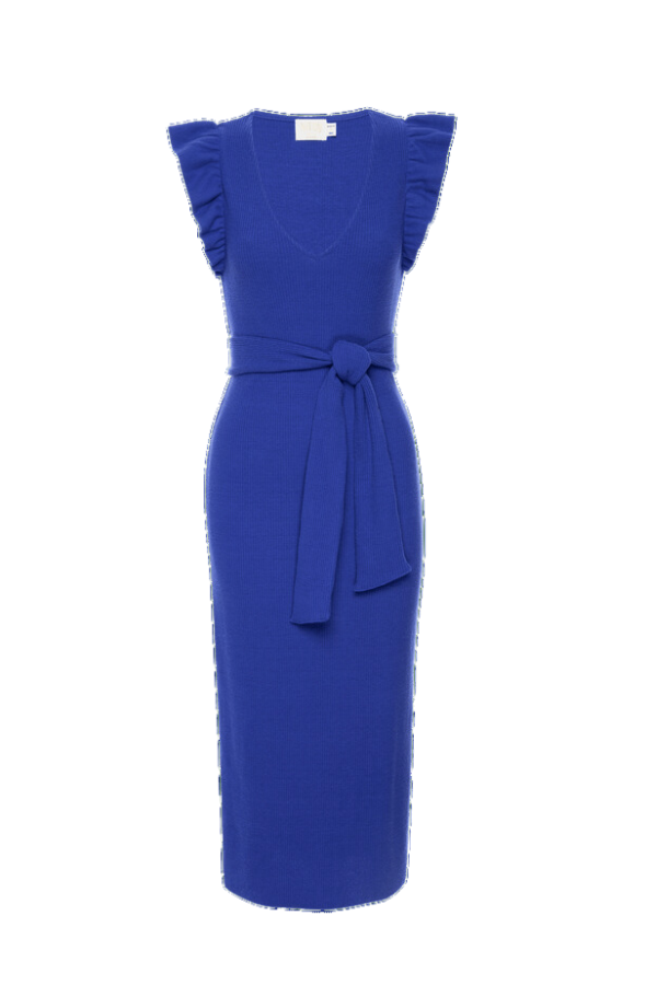 Oriana Ruffled Sash Dress in Blue Suede