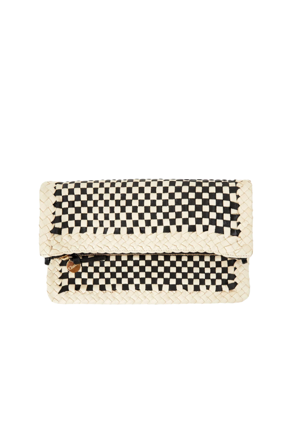 Foldover Clutch w/ Tabs in Black & Cream Border Woven Checker