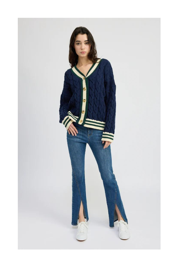 Spencer Cable Knit Cardigan in Navy Green