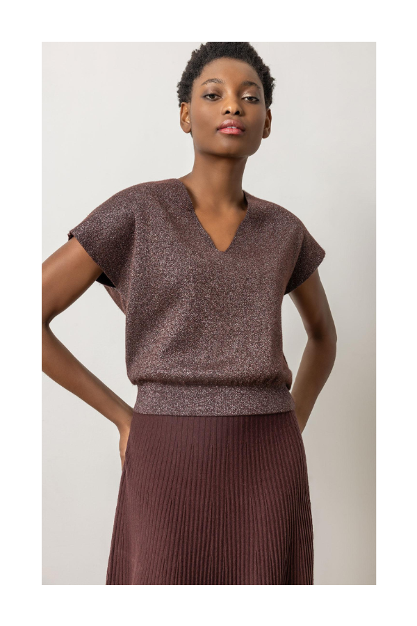 Metallic V-Neck Sweater in Port Sparkle