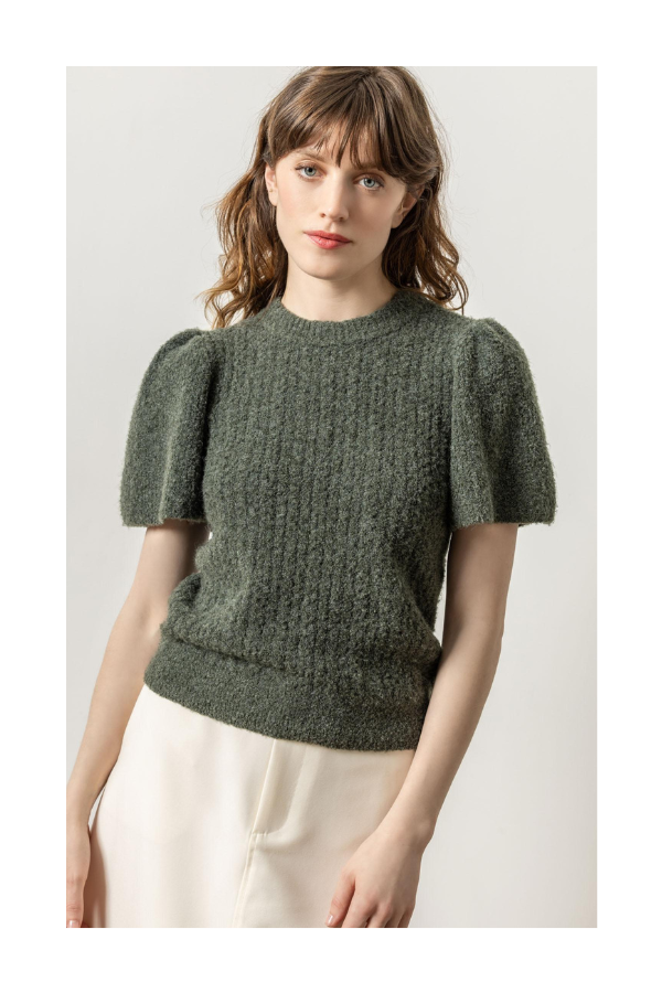 Crew Neck Flutter Sleeve Sweater in Shale