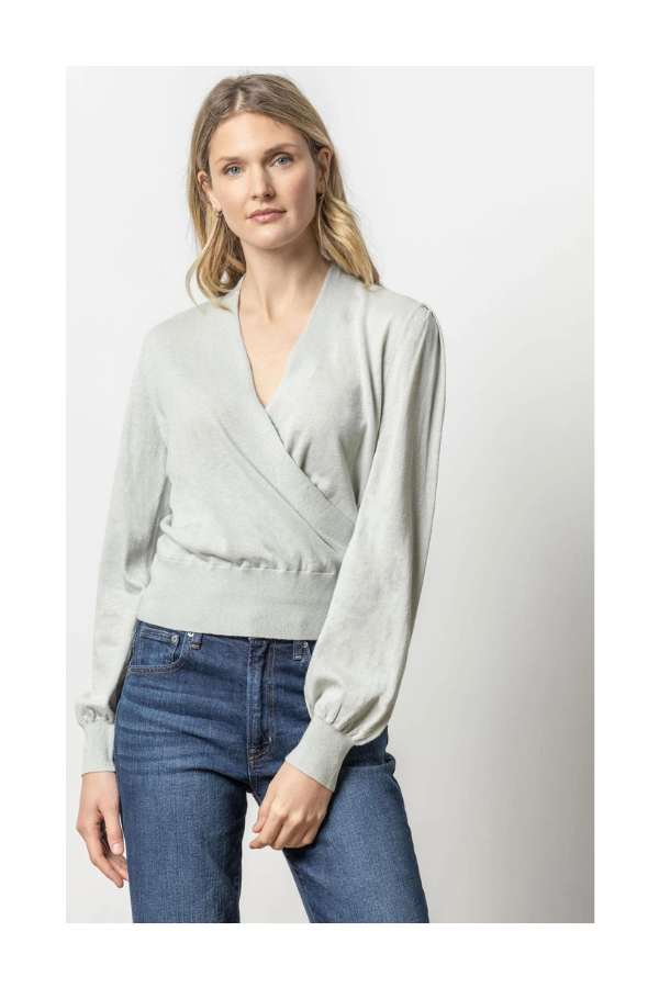 Long Sleeve Surplice Sweater in Moonstone