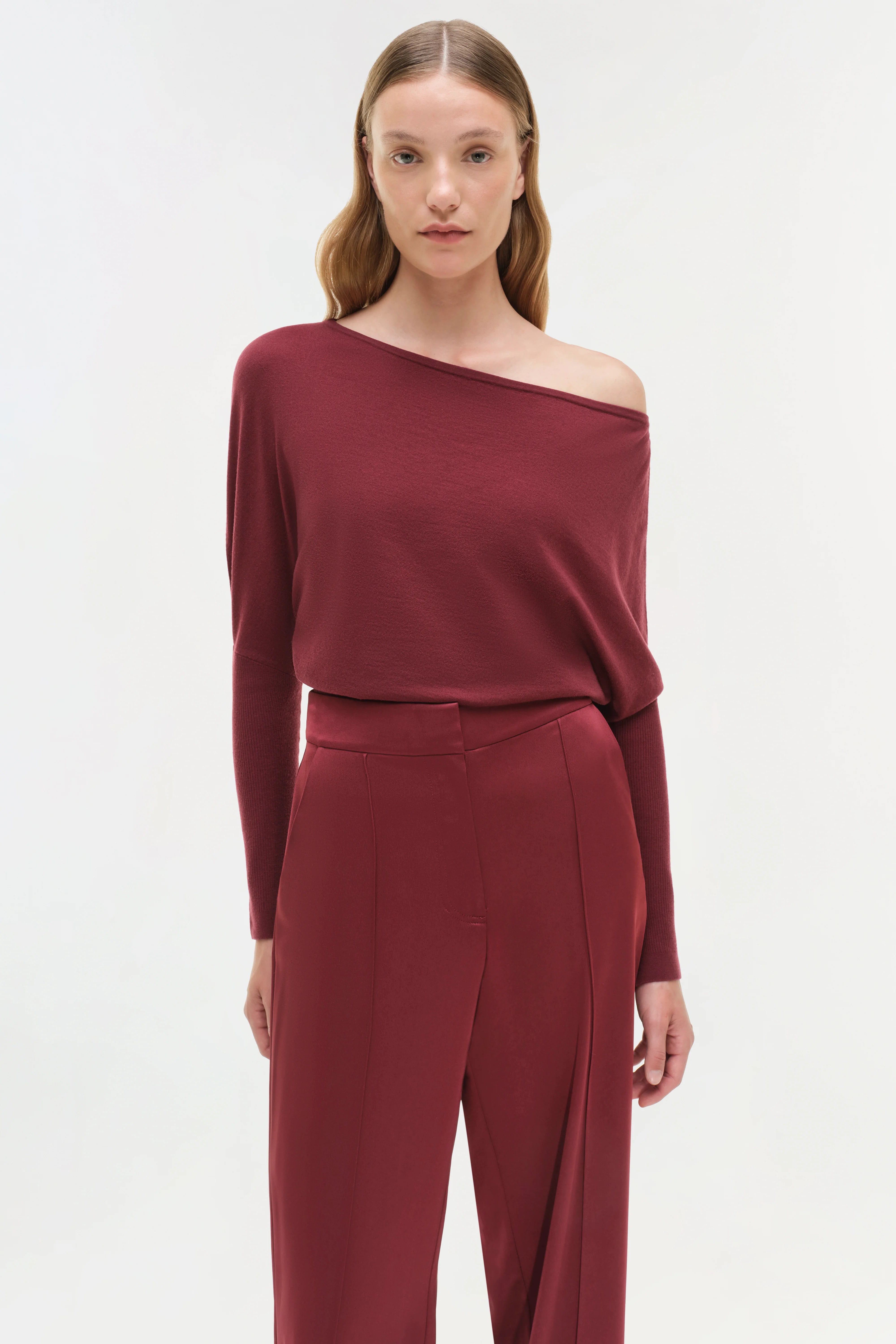 Lavina Draped Off Shoulder Sweater in Cranberry