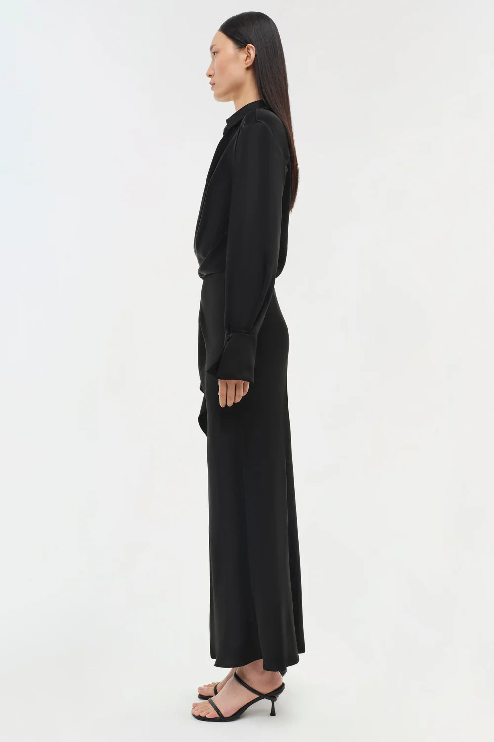 Talita Classic Woven Draped Front Midi Dress in Black