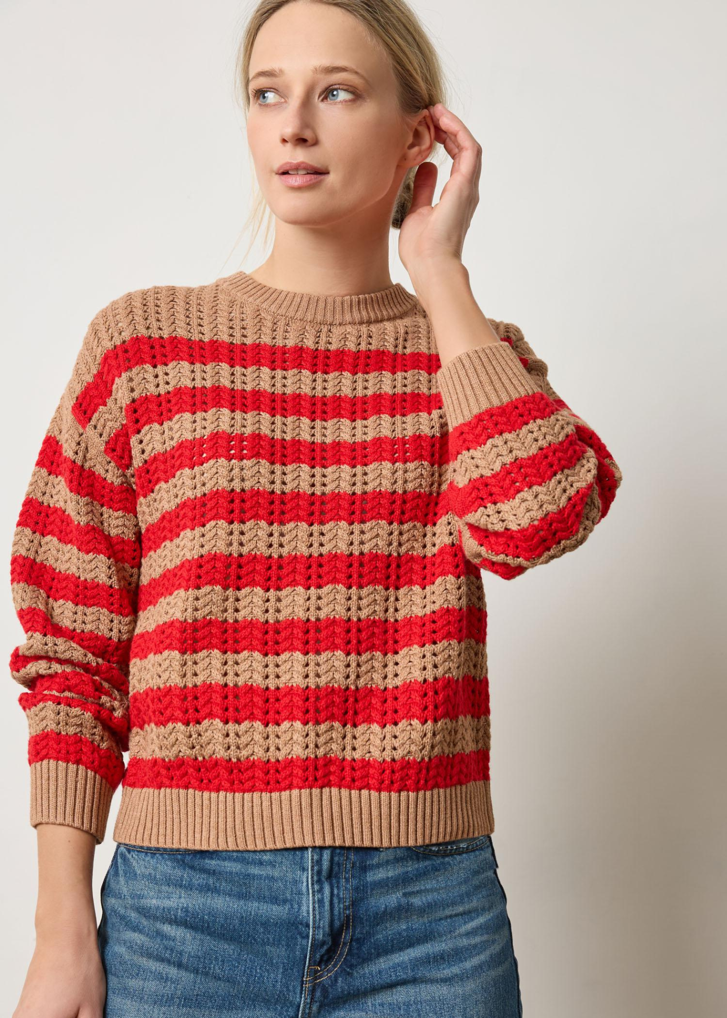 Stripe Stitch Sweater in Acorn/Scarlet