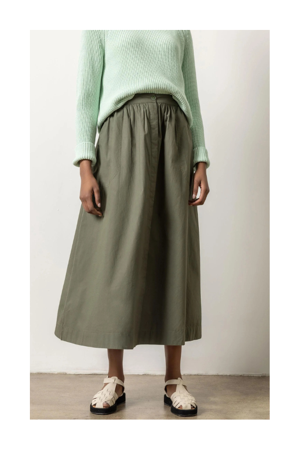 Poplin Button Front Skirt in Kale