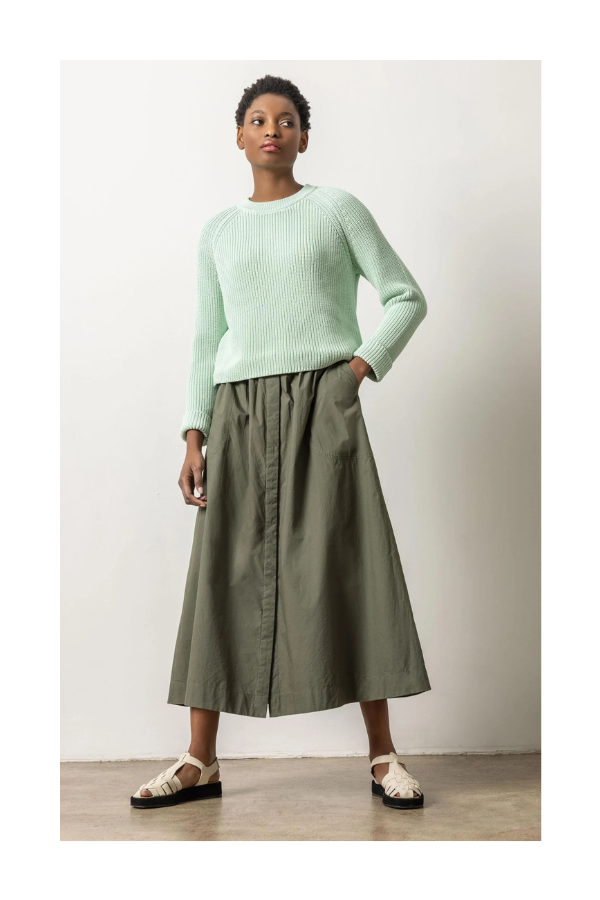 Poplin Button Front Skirt in Kale