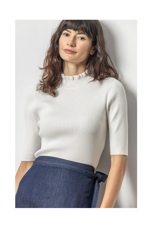 Ruffle Mock Neck Sweater in White