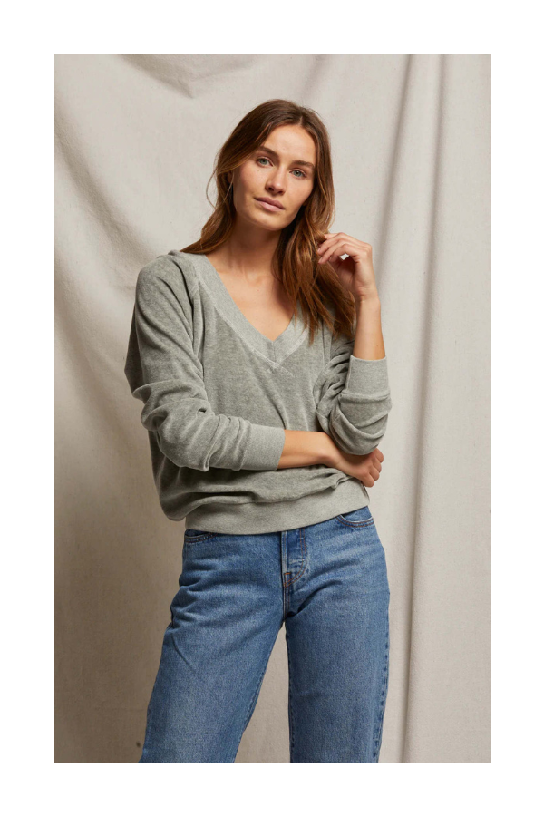 Ember Velour V-Neck Sweatshirt in Heather Grey