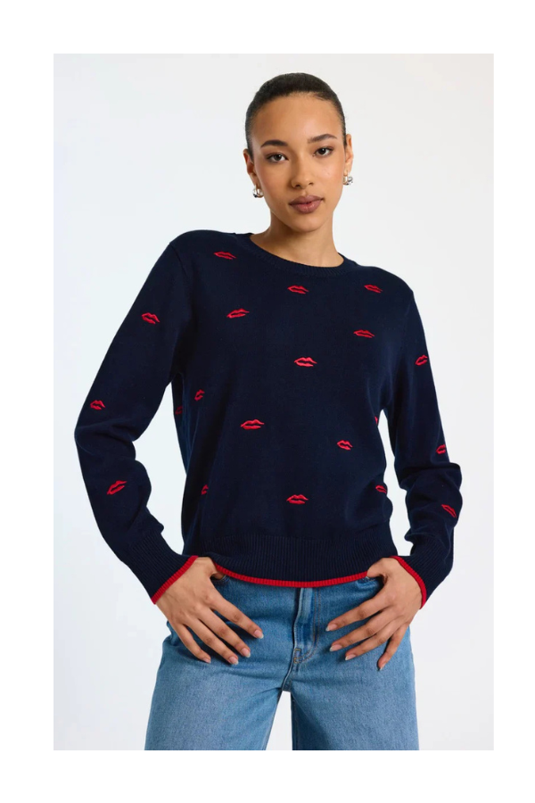 Leila Embroidered Lips Crew in Navy/Tomato