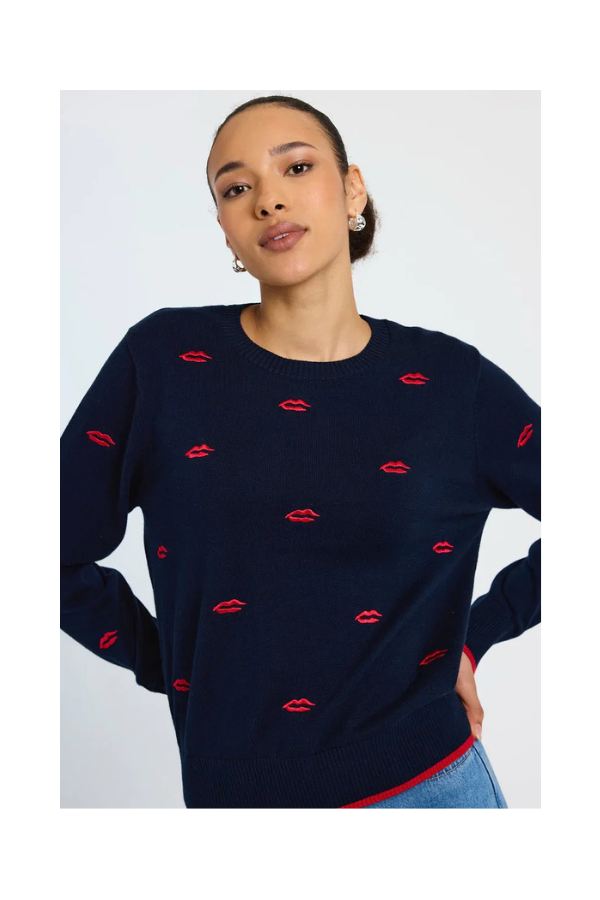 Leila Embroidered Lips Crew in Navy/Tomato