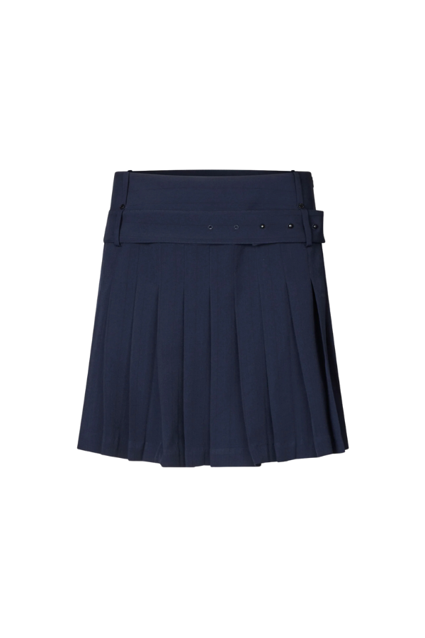 Belted Pleated Skirt in Dark Blue