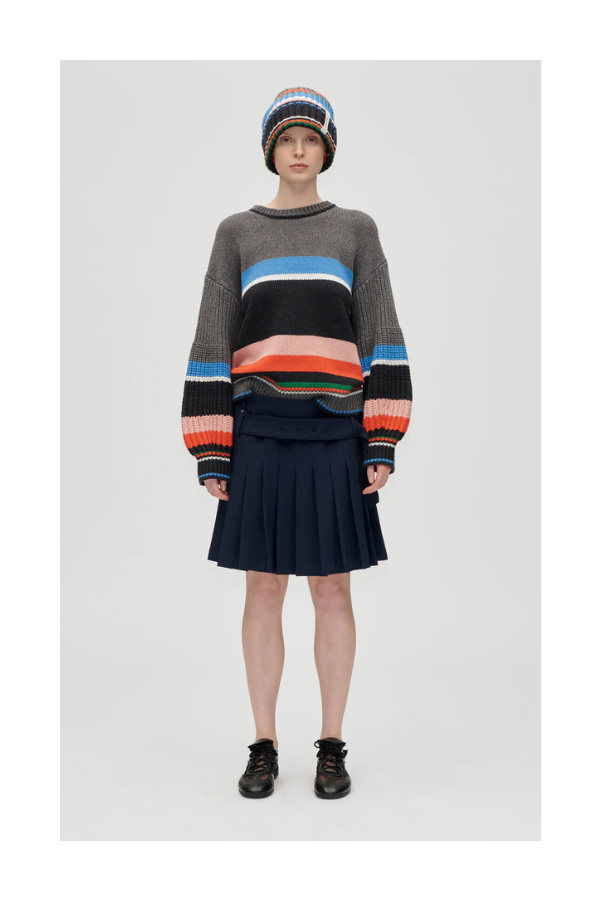 Belted Pleated Skirt in Dark Blue