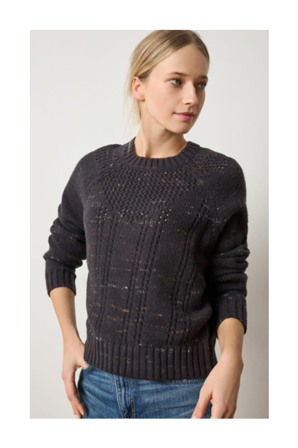 Open Stitch Crewneck Sweater in Black Combo