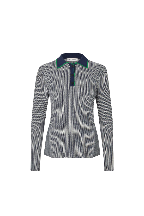 Long Sleeve Knit Polo in Soft Striped Rib