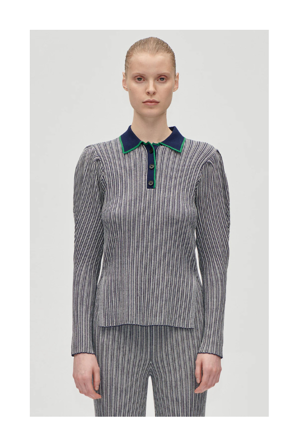 Long Sleeve Knit Polo in Soft Striped Rib