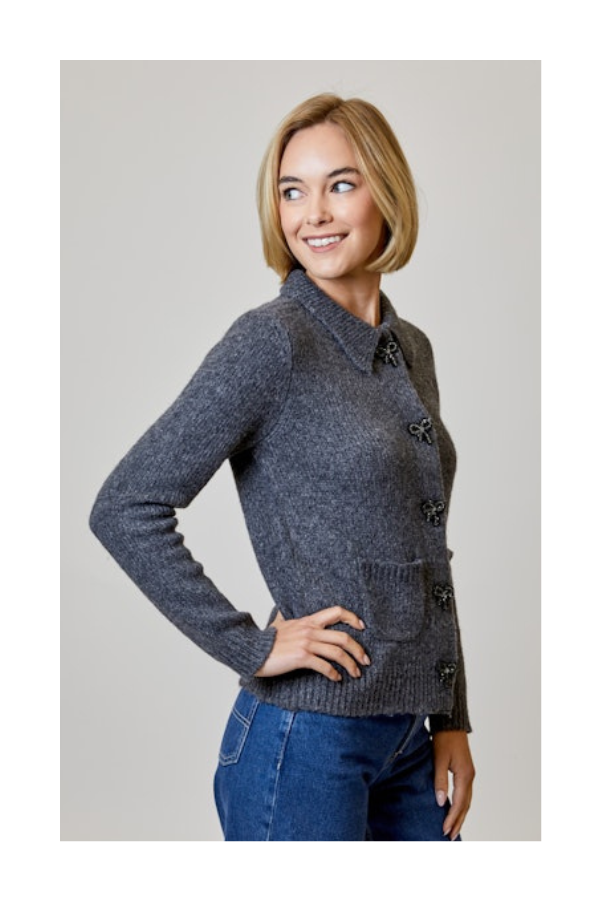 Beaded Bow Button Cardigan in Summit Grey