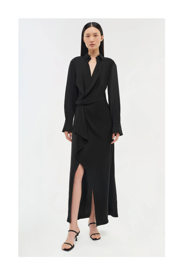 Talita Classic Woven Draped Front Midi Dress in Black