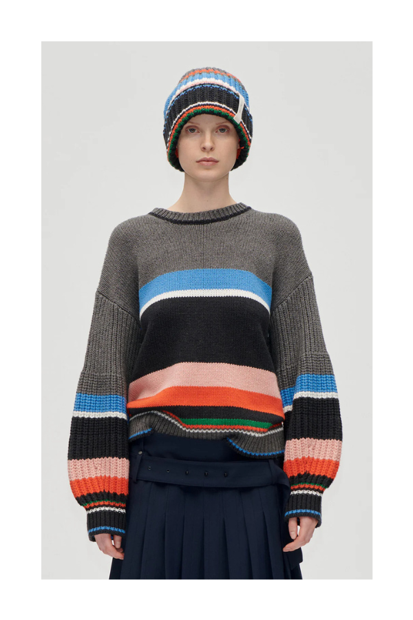 Crewneck Chunky Sleeve Sweater in Chunky Stripes