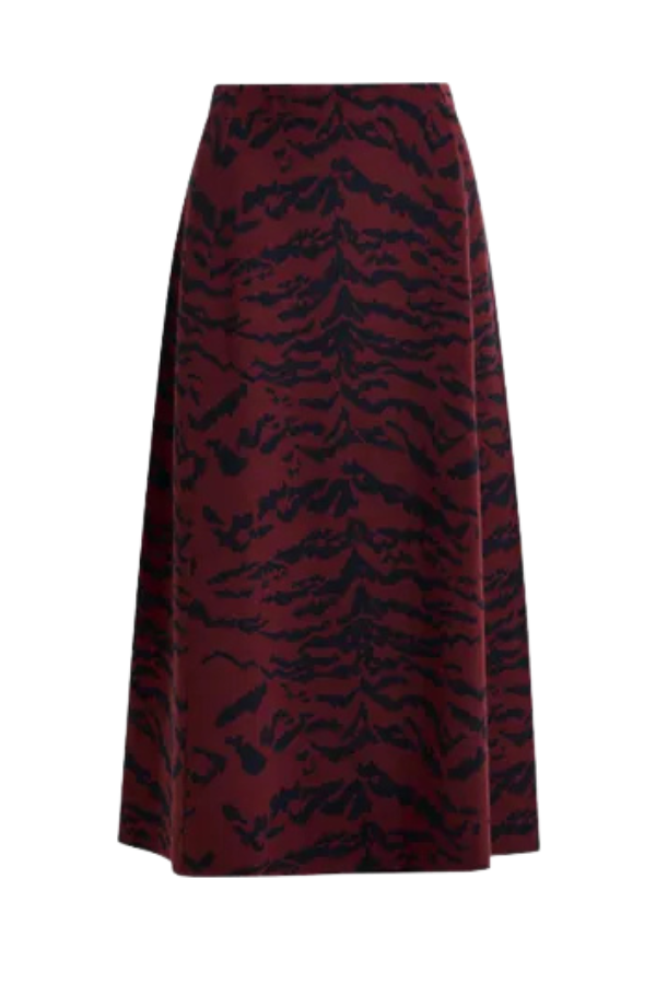 Burgundy Knit Midi Skirt in Tiger Print