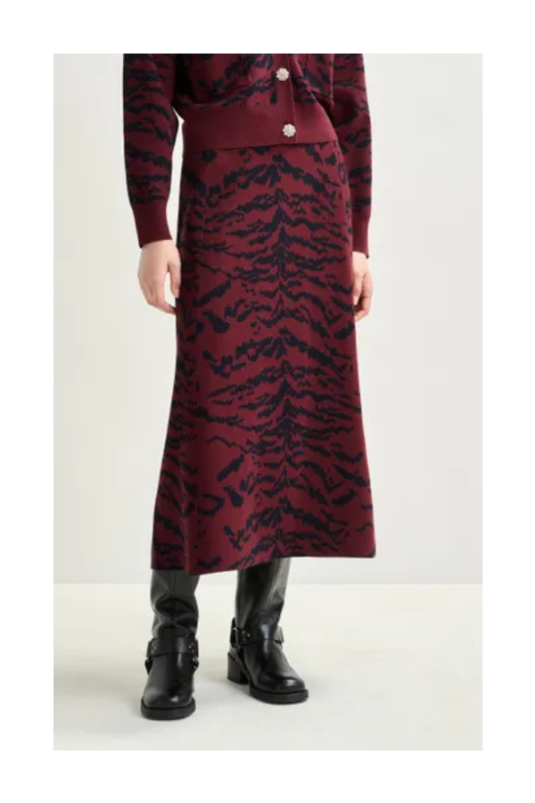Burgundy Knit Midi Skirt in Tiger Print