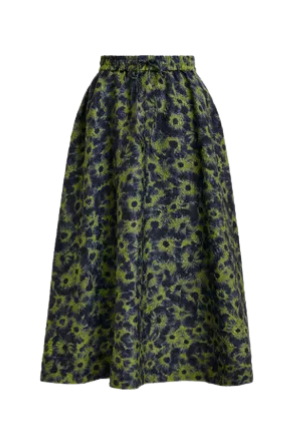 Floral-Jacquard Midi Skirt in Khaki & Dark Blue