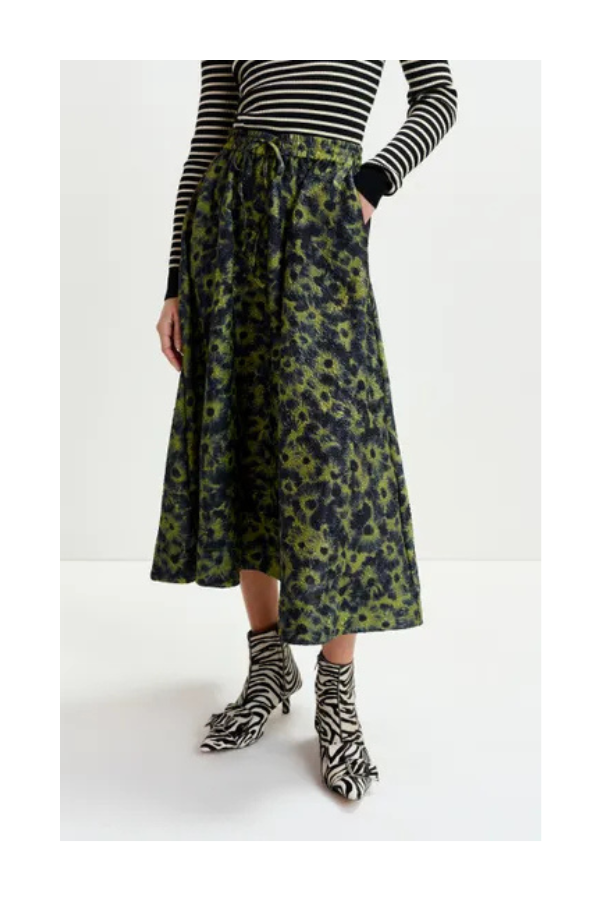Floral-Jacquard Midi Skirt in Khaki & Dark Blue