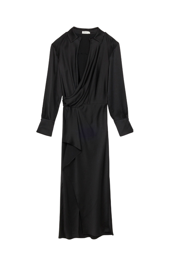 Talita Classic Woven Draped Front Midi Dress in Black