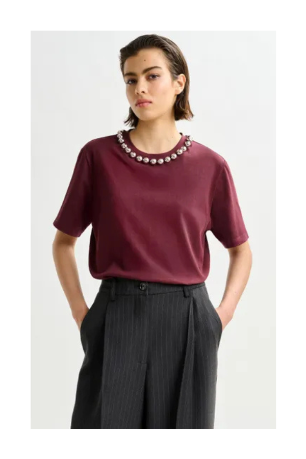 T-shirt with Embellishments in Burgundy/Silver
