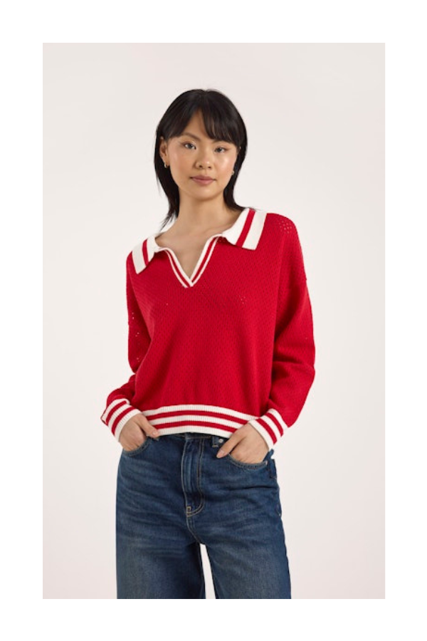 Vanessa Stripe Detail Polo Sweater in Tomato