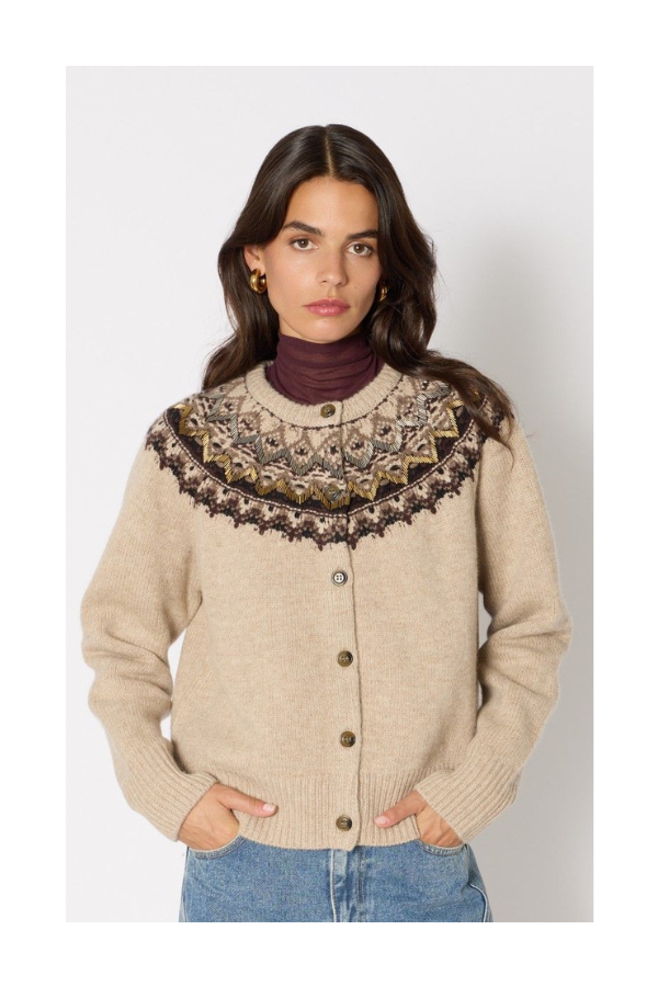 Cardigan Jacquard Broderies in Beige Mélange