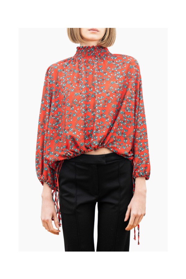 Floral Turtleneck Blouse in Poppy Red