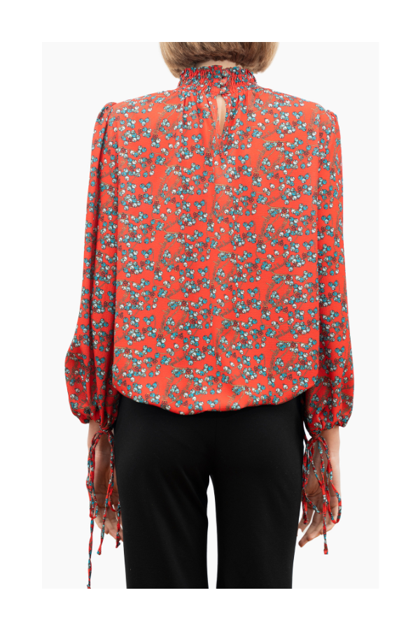 Floral Turtleneck Blouse in Poppy Red