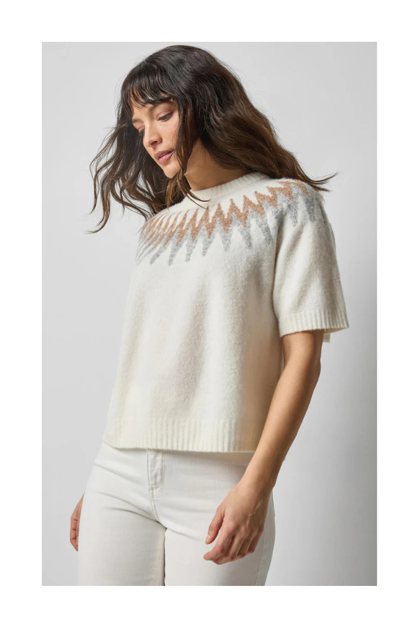 Short Sleeve Easy Fairisle Sweater in Winter White