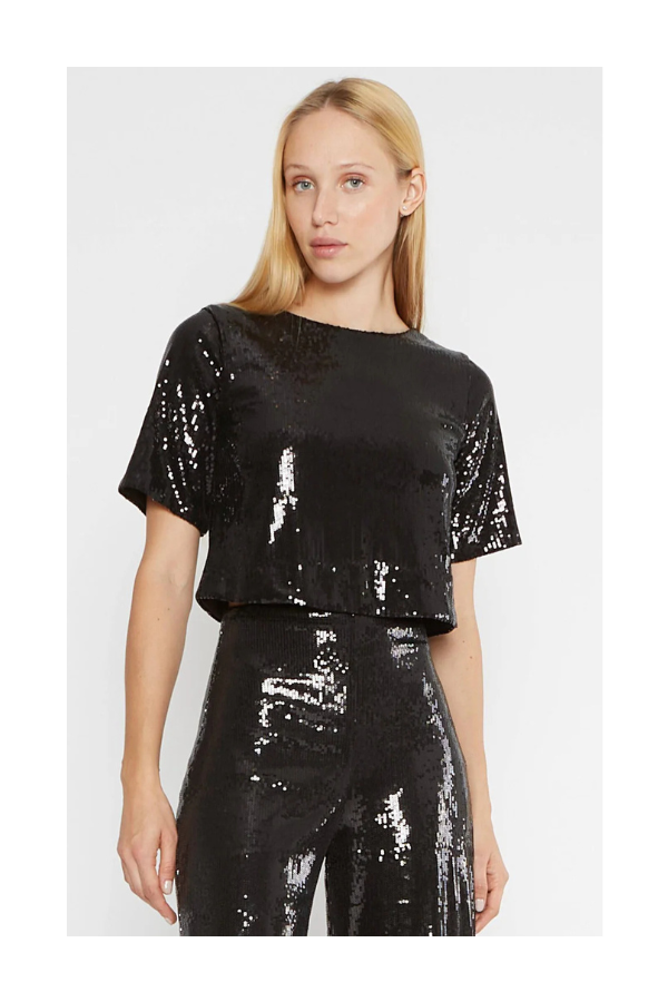 Sequin Short Sleeve Top in Black