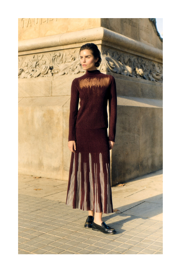 Split Sweater Skirt in Burgundy/Cream