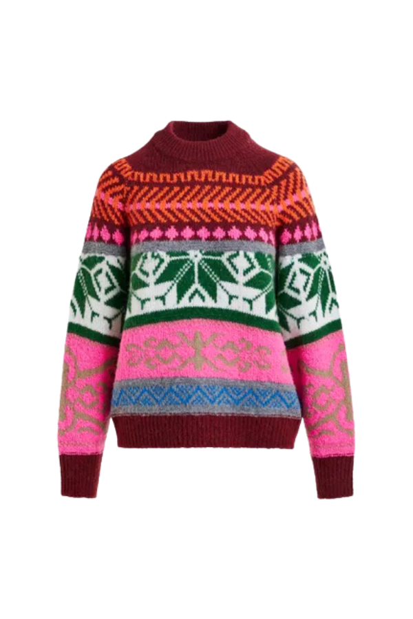 Mélange Knit Jacquard Sweater in Burgundy/Multicolor