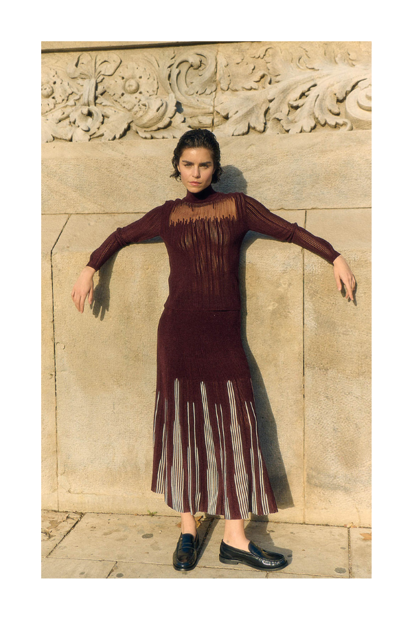 Split Sweater Skirt in Burgundy/Cream