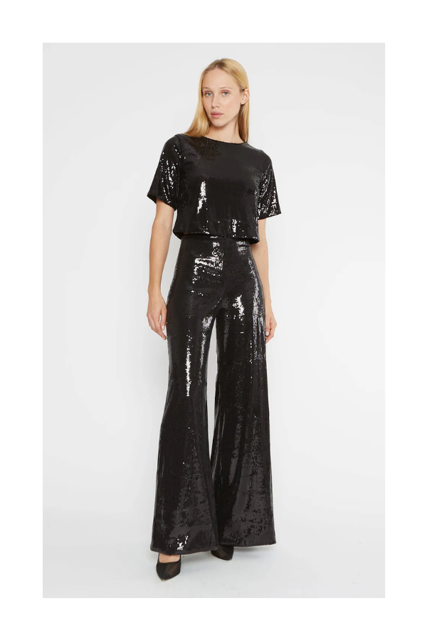 Sequin Wide Leg Pant in Black