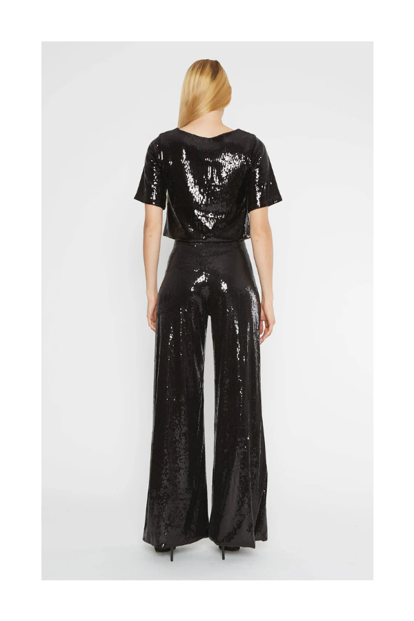 Sequin Wide Leg Pant in Black