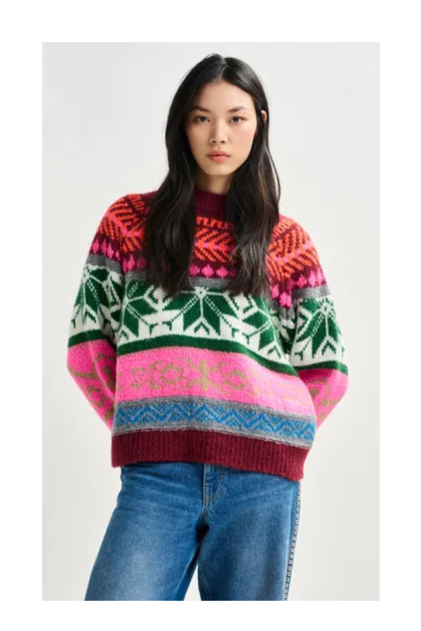 Mélange Knit Jacquard Sweater in Burgundy/Multicolor