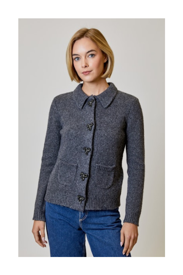 Beaded Bow Button Cardigan in Summit Grey