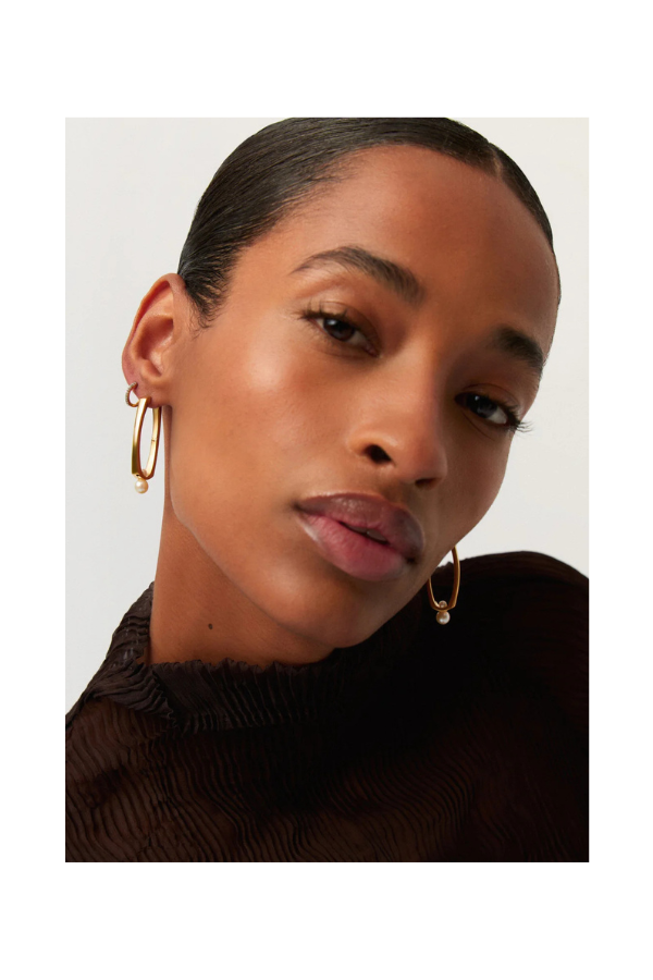 Button Pearl Ovate Hoop Earrings