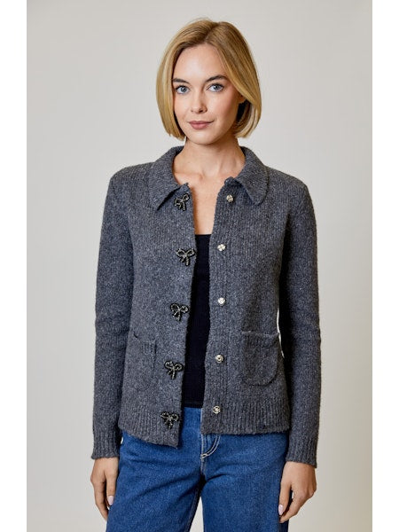 Beaded Bow Button Cardigan in Summit Grey