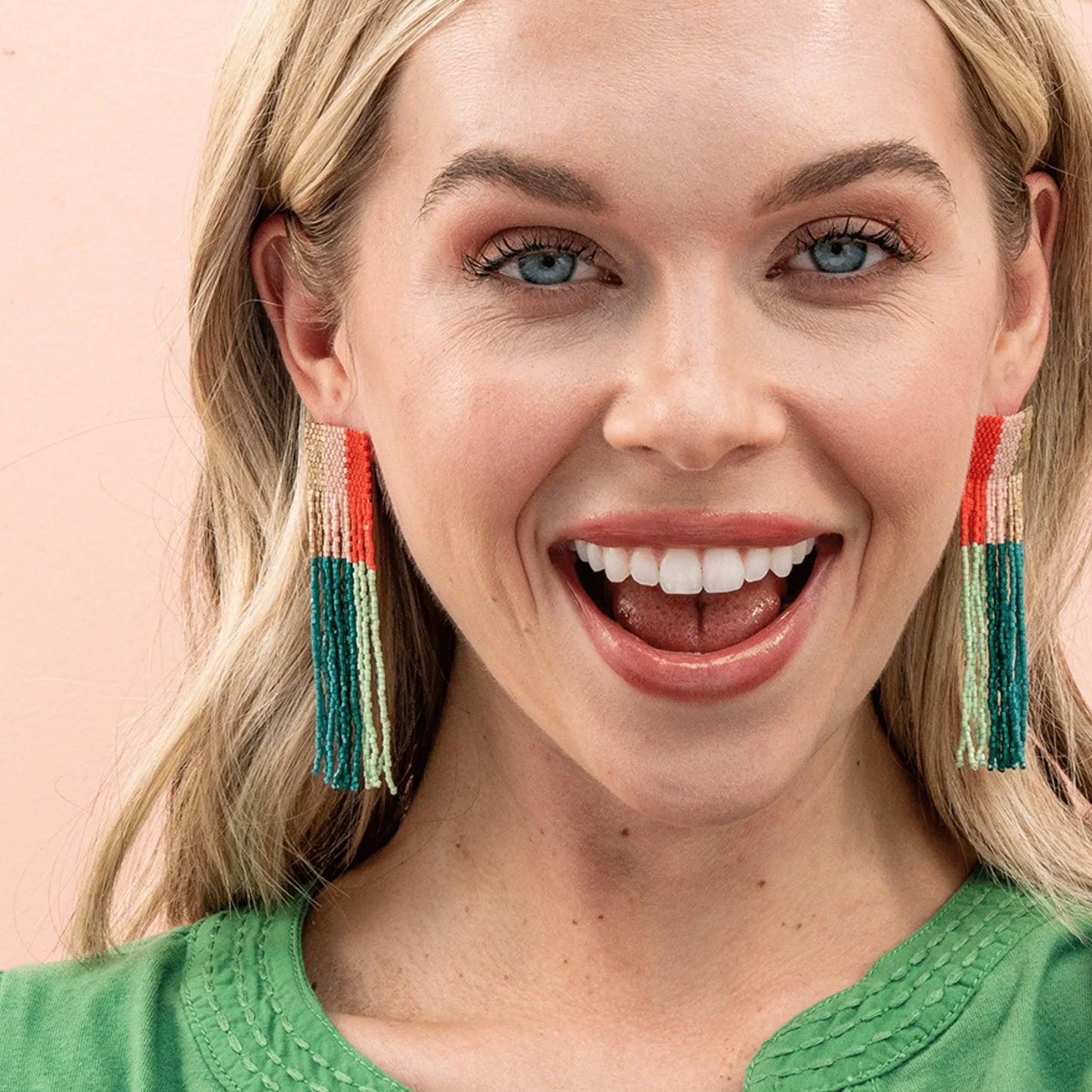 Belle Woven Top Vertical Colorblock Beaded Fringe Earrings Modern Preppy